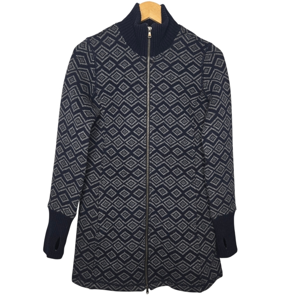 DAKINI Womens Navy Blue Geo Print Wool Blend Full Zip Sweater Jacket Size Small
